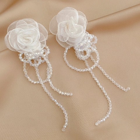 Orecchini Pendenti Con Nappa A Fiore Rosa In Pizzo Mesh Perline Cristallo Con Perno Argento Sterling 925 Vintage Elegante
