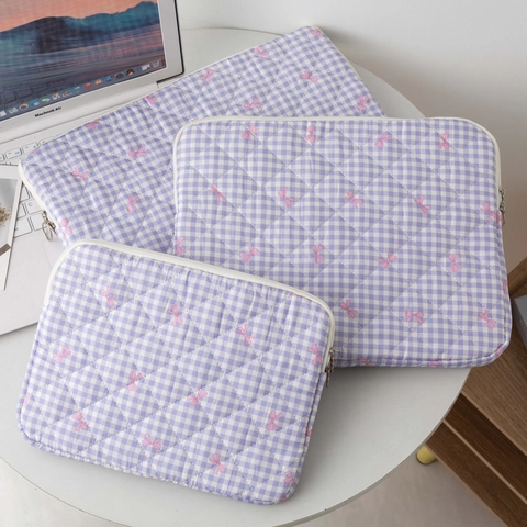 Quilted Laptop Sleeve Bag Polyester Bow Gingham Floral Pattern Protective Case Inner Pouch For Tablet Computer
