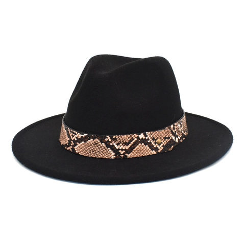 Fedora Hat Wide Brim Woolen Felt Flat Top Jazz Cap With Snake Pattern Belt Metal Rivet For Men Women Retro Style