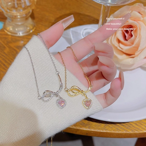 Titanstahl Schleife Rosa Herz Anhänger Halskette Für Damen Zirkonia Eingelegt Künstliche Perle Gold Silber Choker Mode Schmuck