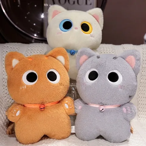 Cartoon Cat Plush Toy Soft Stuffed Animal Pillow With Bell Collar Big Eyes Cute Home Decor For Kids Girls