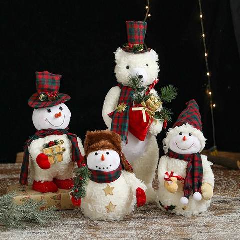 Figurines En Peluche Bonhomme De Neige Ours Polaire Décoration Noël Debout Chapeau Écharpe Carreaux Ornement De Table