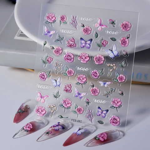 Pegatinas 5D En Relieve Para Uñas Patrones Florales Vintage Rosa Mariposa Auto Adhesivas Impermeables Decoraciones Manicura Para Mujeres