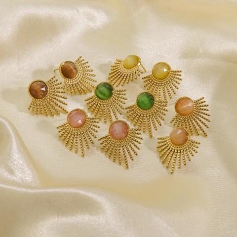 Titanium Steel Cat's Eye Stud Earrings Bohemian Sunburst Fan Shaped French Retro Palace Style Jewelry For Women Gift