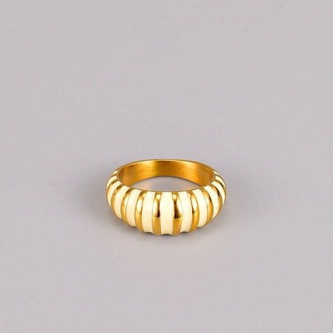 Anillo De Cúpula Con Rayas Verticales Chapado En Oro De 18K Acero De Titanio Esmalte Blanco Estilo Francés Retro Joyas Mujer