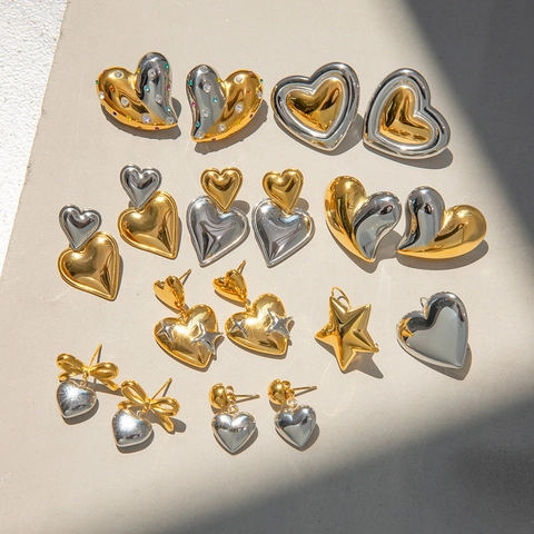 Fashion Stainless Steel Heart Earrings For Women Mixed Gold Silver Color Geometric Star Bow-Knot Design Elegant Trendy Accessory