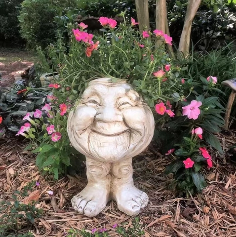 Humorous Face Statue Planter Resin Stone Finish Garden Outdoor Decorative Novelty Flower Pot Head Shape Ornament