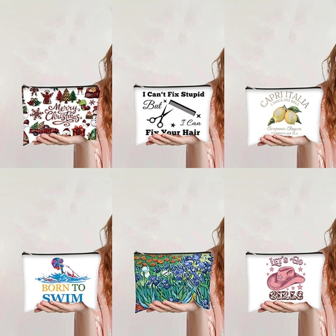 Canvas Cosmetic Bag Printed Zipper Makeup Pouch Travel Toiletry Organizer Stationery Storage Bag Pencil Case