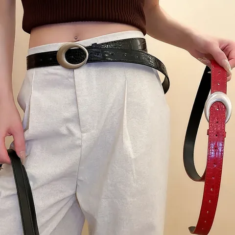 Cinturón Mujer Estampado Cocodrilo Cuero Sintético Hebilla Metal Plateada Moda Retro Accesorio Cintura