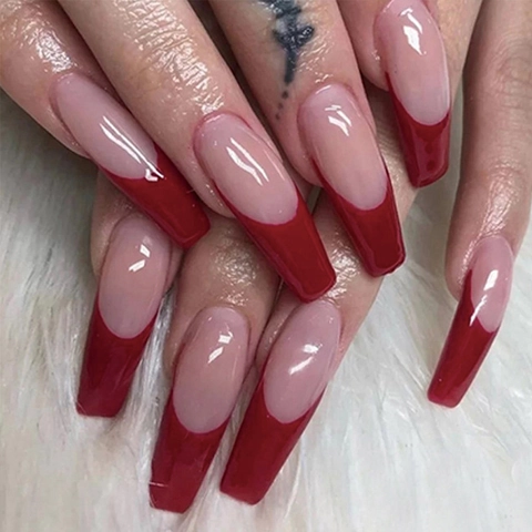 Unghie Press On Lunghe Bara Ballerina French Tip Rosso Nude Rosa Lucide Unghie Finte Artificiali Per Donna