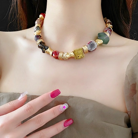 Vintage Ceramic Bead Necklace For Women Colorful Irregular Stones And Gold Alloy Twisted Spacers Retro Bohemian Jewelry
