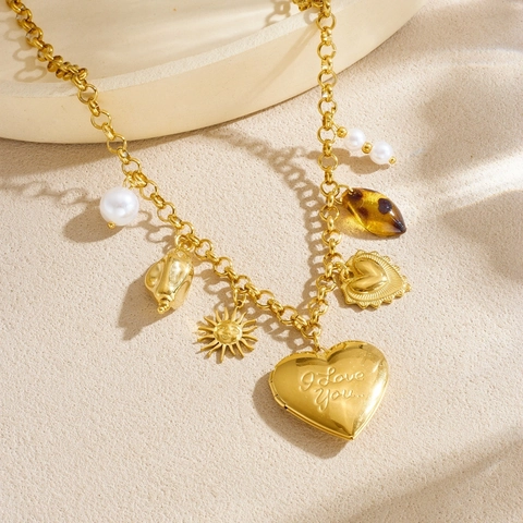 Collar Acero Inoxidable Chapado Oro Múltiples Colgantes Relicario Corazón Sol Concha Perla Artificial Joyería Vintage Mujer