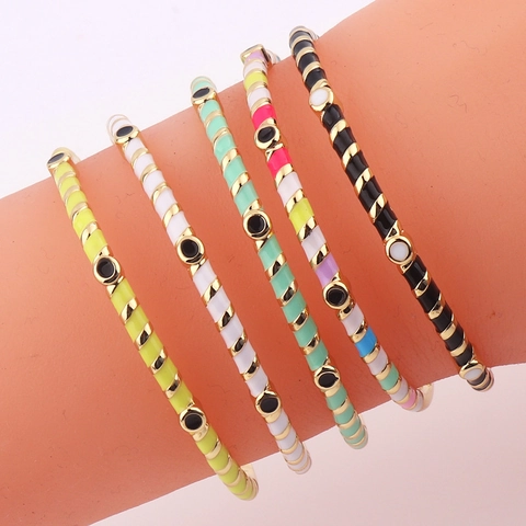 Bracelet Jonc Émail Coloré Plaqué Or 18K Cuivre Bracelet Géométrique Mauvais Œil Zircone Bijoux Pour Femmes Mode