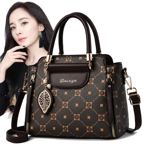 Women Monogram Handbag PU Leather Vintage Shoulder Crossbody Bag With Leaf Pendant Elegant Daily Satchel