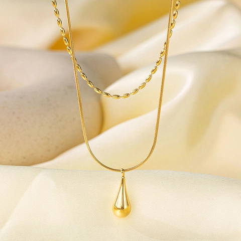 Collana A Doppio Strato Acciaio Al Titanio Pendente Goccia Dacqua Catena Serpente Gioielli Minimalisti Per Donne