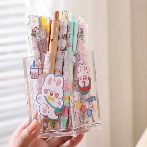 Clear Acrylic Pen Holder Square Desktop Organizer For Stationery And Makeup Brushes Ins Minimalist Cute Cartoon Style