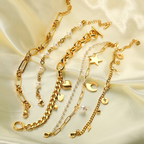 Stainless Steel Chain Bracelet For Women Men 18K Gold Plated Heart Star Moon Lightning Charm Imitation Artificial Pearl Punk Hip Hop
