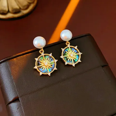 Pendientes De Gota Con Estrella Vintage Con Perla Artificial Concha De Abulón Cobre Chapado En Oro Para Mujeres Estilo Francés Perno De Plata