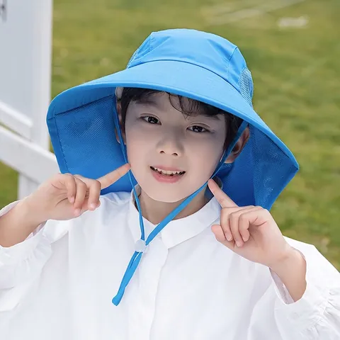 Kids Sun Protection Hat Nylon Quick Dry Large Brim Neck Flap Breathable Mesh Outdoor Summer Beach For Boys Girls