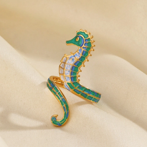 Seahorse Enamel Open Ring Stainless Steel Gold Plated Ocean Beach Vacation Adjustable Jewelry For Women Fashion Accessory
