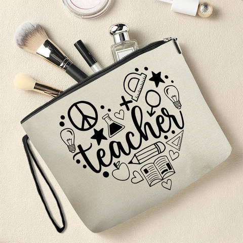 Borsa Trucco In Lino Fine Per Insegnante Stampa Cuore Pochette Cosmetici Viaggio Organizzatore Con Cinturino Da Polso