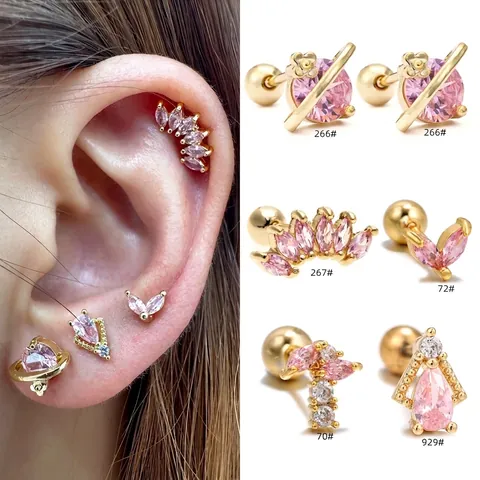 Pink Zircon Cartilage Stud Earrings Geometric Planet Piercing Jewelry With Stainless Steel Earring Post