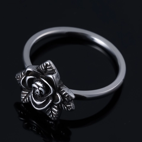 Vintage Gothic Skull Rose Ring For Men Women Stainless Steel Punk Flower Band Retro Silver Jewelry Accessory