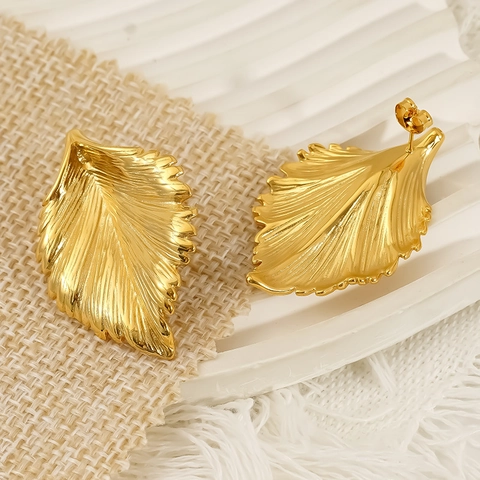 Pendientes De Botón Con Hoja Acero Inoxidable Chapado En Oro Hipoalergénico Impermeable Joyería Vintage De Lujo Mujer
