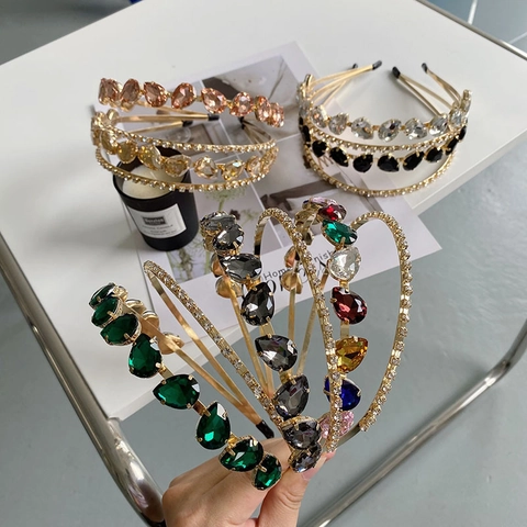 Baroque Rhinestone Headband For Women Double Layer Alloy Water Drop Crystal Hair Hoop Luxury Wedding Hair Accessories