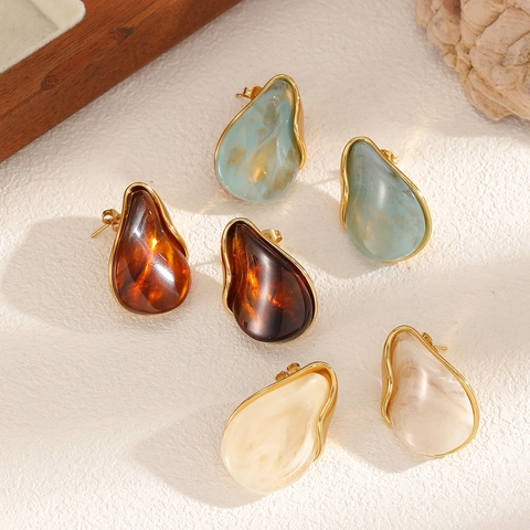 Irregular Teardrop Stud Earrings Resin Texture Stainless Steel Metal Frame Geometric Vintage Fashion Jewelry For Women