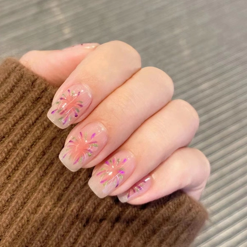Firework Pattern Press On Nails Pink Purple Gold Glitter Square Round Artificial False Nails For Women