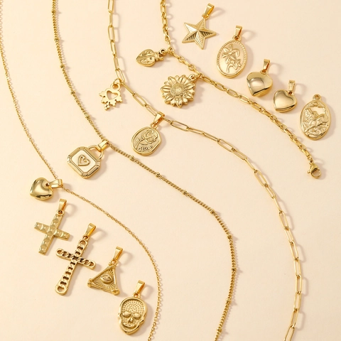 Stainless Steel Gold Plated Pendants DIY Necklace Charms Heart Cross Skull Sunflower Star Vintage Fashion Jewelry For Women