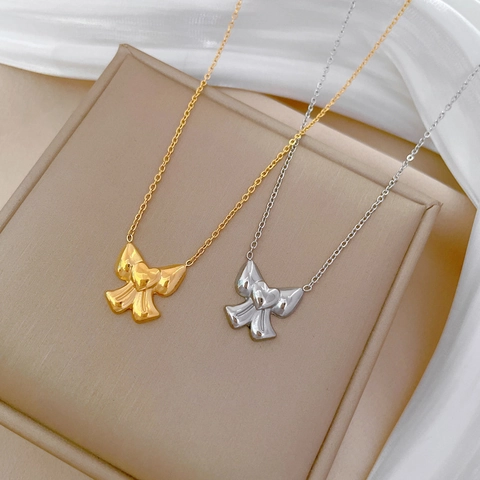 Collana Con Pendente Acciaio Al Titanio Fiocco Cuore Stile Di Tendenza Minimalista Per Donne Oro Argento Lucido