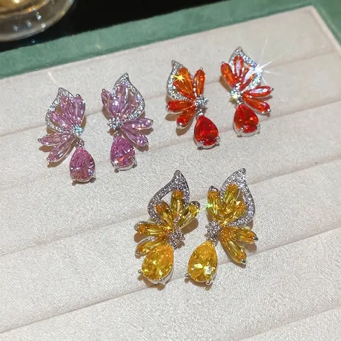Boucles D'oreilles Pendantes Ailes De Papillon Avec Zircon Base En Cuivre Et Tige En Argent Sterling 925 Élégant Femmes