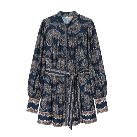 Floral Paisley Print Langarm Minikleid Polyester Stehkragen Bindegürtel Gestufter Rüschensaum Boho Vintage Damen