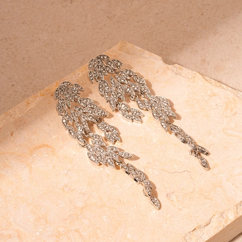 Blad Kwastje Hanger Oorbellen Met Strass Legering En Zilveren Oorsteker Elegante Luxe Sieraden Voor Dames