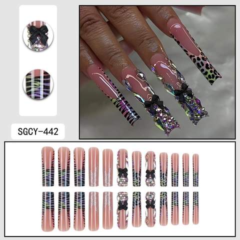Extra Lange Sarg Kunstnägel Leopard Zebra Print 3D Strass Schwarze Schleife Rosa Künstliche Falsche Nägel Y2K Damen