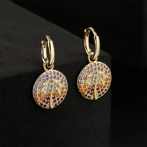 18K Gold Plated Copper Hoop Earrings Round Palm Tree Pendant Colorful Cubic Zirconia Tropical Beach Vacation Jewelry