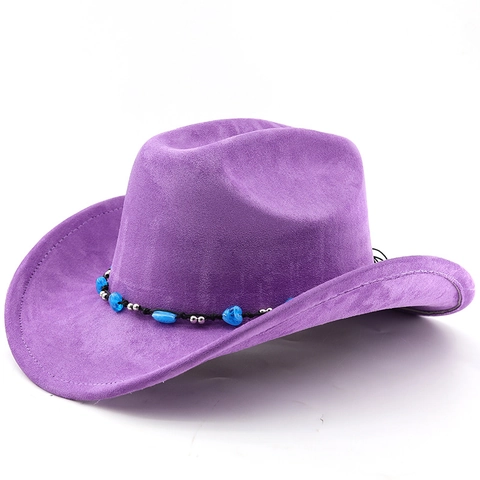 Cappello Da Cowboy Occidentale Poliestere Scamosciato Tesa Larga Fedora Fascia Perline Turchese Etnica Outdoor Unisex