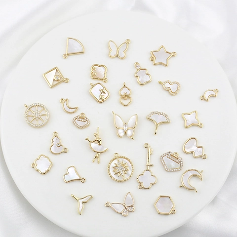 Charms For DIY Jewelry Making 18K Gold Plated Alloy With Mother Of Artificial Pearl And Zircon Butterfly Moon Star Shapes