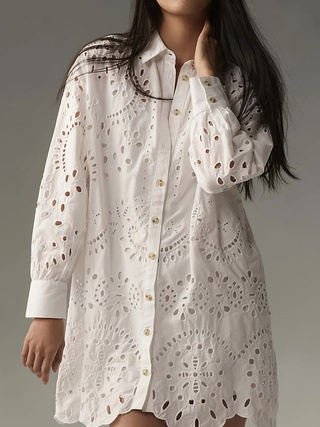 Damesblouse Met Lange Mouwen En Delicaat Gaatjesborduurwerk Reverskraag Knoopsluiting Ruime Pasvorm Effen Kleur Elegant