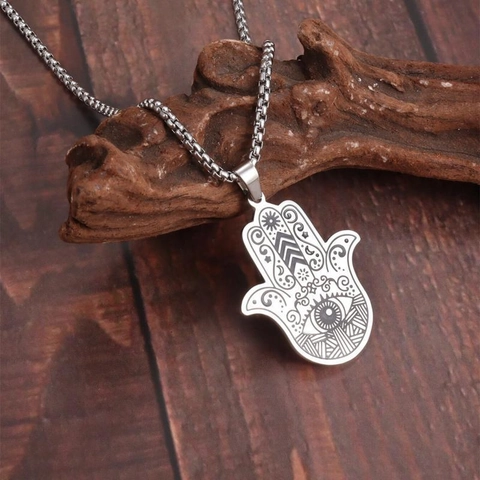 Hamsa Hand Anhänger Halskette Vintage Edelstahl Böser Blick Laser Graviert Spiritueller Schmuck Für Damen Herren