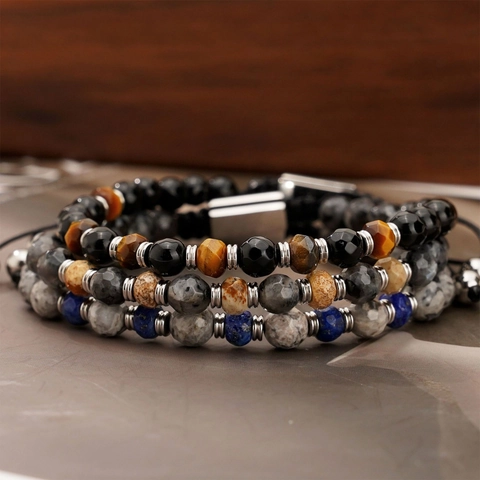 Natural Stone Beaded Bracelet For Men Adjustable Faceted Lapis Lazuli Tiger Eye Jasper Stainless Steel Jewelry