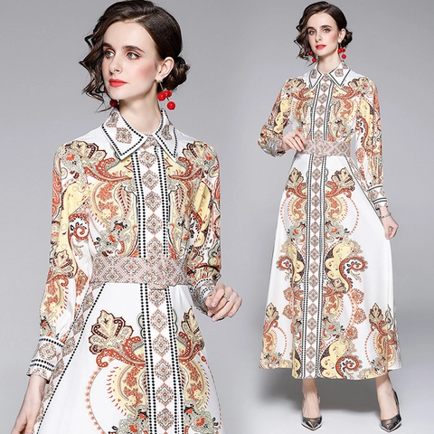 Elegante Maxi Jurk Met Paisley Print Lange Mouwen Reverskraag Enkele Rij Knopen A-Lijn Met Riem Voor Dames