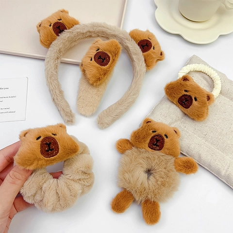 Cute Cartoon Capybara Bear Plush Hair Accessories Soft Headband Scrunchies Hair Clips For Women Girls