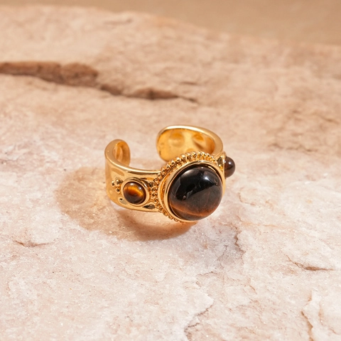 Anillo Abierto Vintage Piedra Ojo De Tigre Natural Aleación Bañada En Oro Joyería Bohemia Ajustable Para Mujer