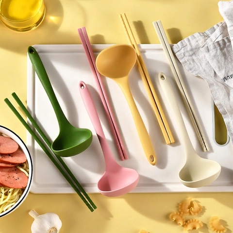 Silikon Suppenlöffel Essstäbchen Hitzebeständig Antihaft Integrierte Küchenutensilien Ramen Babynahrung Macaron Farben