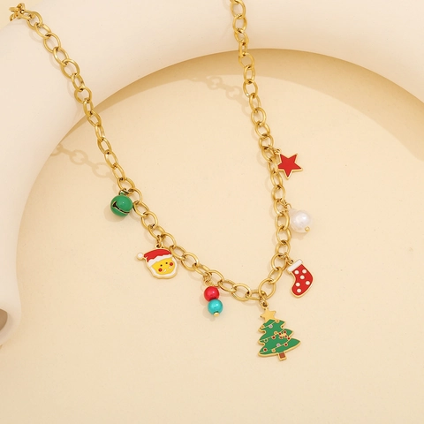 Lindo Árbol De Navidad Santa Claus Reno Pulseras Pendientes Collar De Acero Inoxidable 304 Chapado En Oro De 18k Esmalte Perla