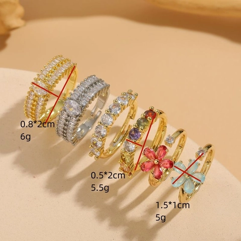 Copper Flower Cubic Zirconia Open Ring Luxury 14K Gold Plated Adjustable Geometric Fashion Jewelry For Women