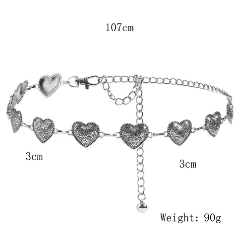 Cadena de Cintura de Metal Vintage Americana con Corazón para Mujer Patrón Floral en Relieve Cinturón de Vestido Ajustable Cadena de Eslabones Decorativa